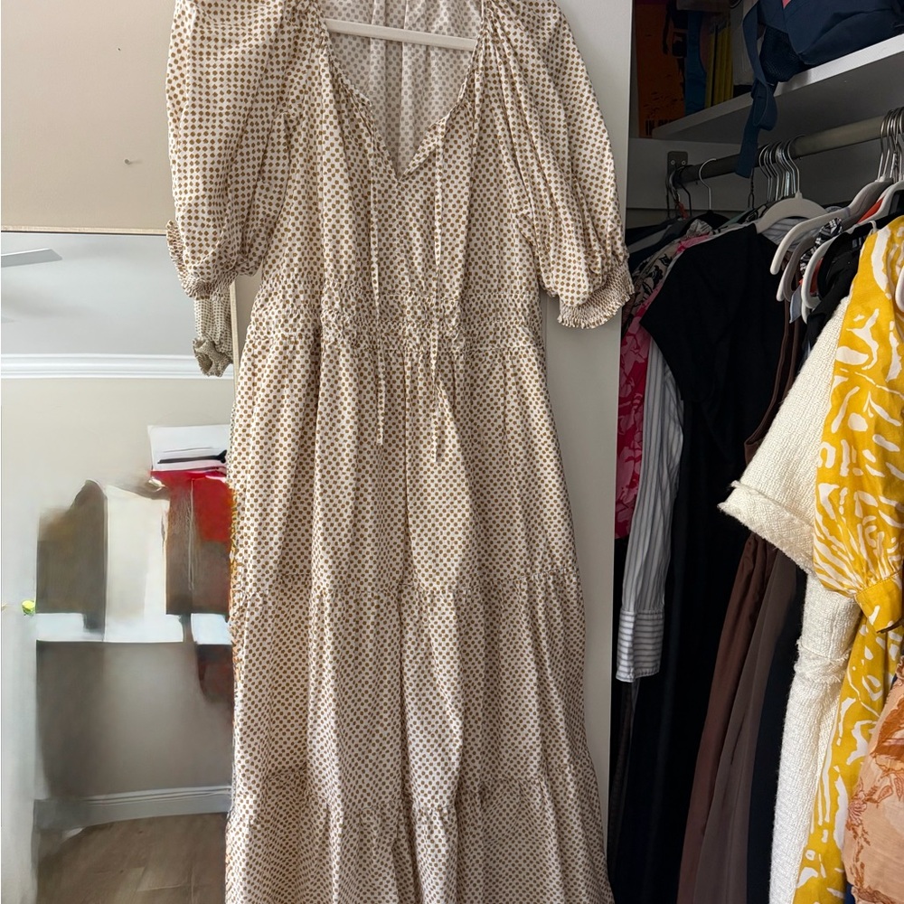 Anthropologie Cream and tan print Tiered Maxi Dress with Puff Sleeves - Picture 2 of 5